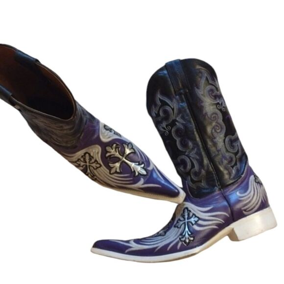 Aguila Real Botas Vaquera Boot leather Point toe western silver cross purple - Picture 1 of 16